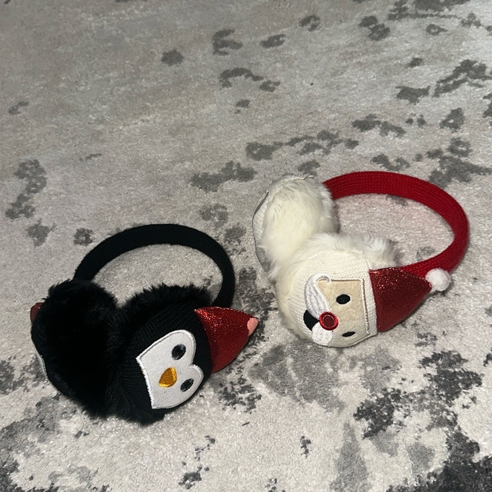 Set of two little girls Christmas Santa and penguin  earmuff